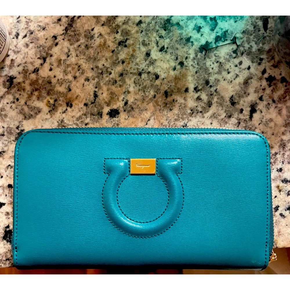 Salvatore Ferragamo viridian zip wallet in Aquarelle with gold hardware